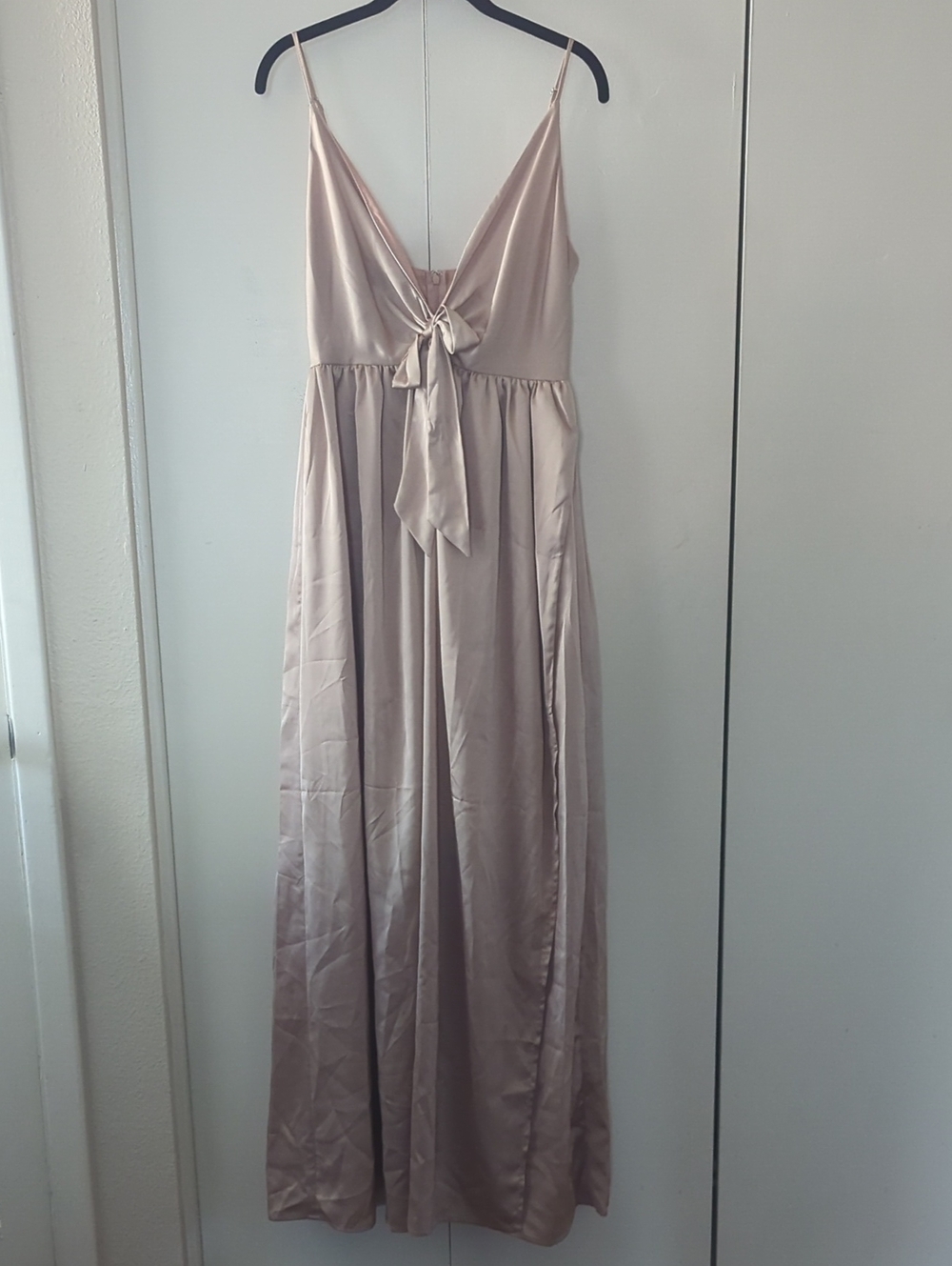 Showpo Satin Maxi Dress in Blush Pink with Tie Front